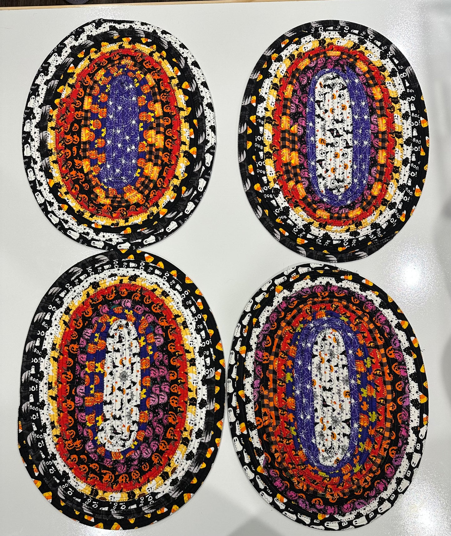 Halloween Jelly Roll Fabric Rope Placemats – Set of 4 Quilted Oval Table Mats – Handmade Halloween Table Decor