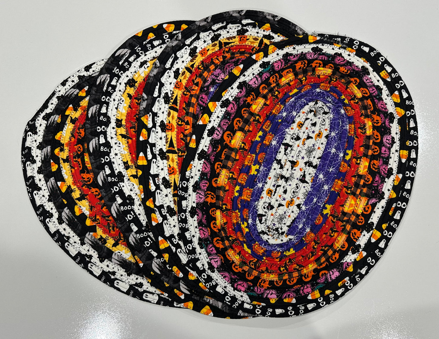 Halloween Jelly Roll Fabric Rope Placemats – Set of 4 Quilted Oval Table Mats – Handmade Halloween Table Decor