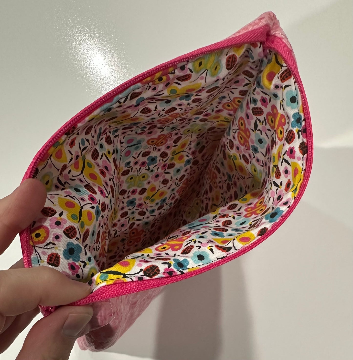 Small Quilted Zipper Pouch – 9”x11” – Pink floral Print – Custom Name Embroidery OptionQuilted Zipper Pouch