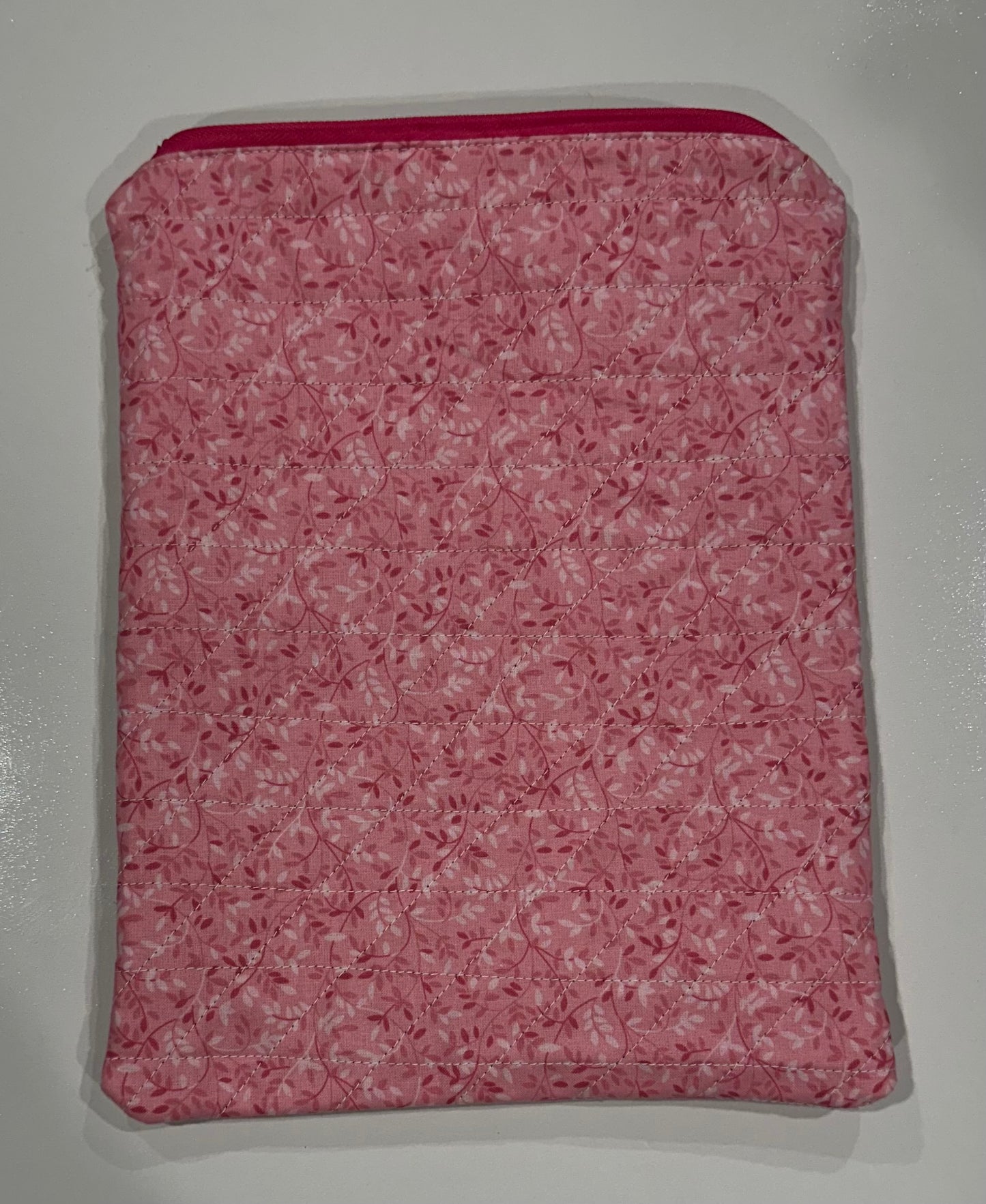 Small Quilted Zipper Pouch – 9”x11” – Pink floral Print – Custom Name Embroidery OptionQuilted Zipper Pouch