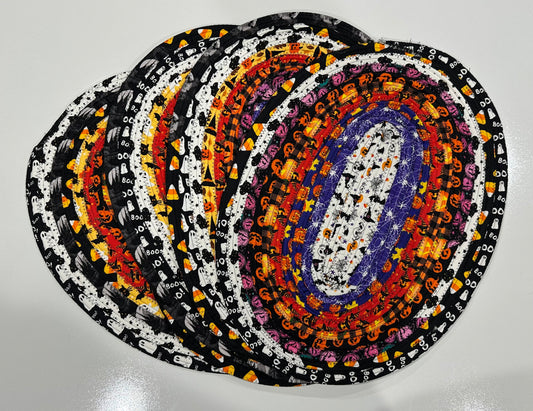 Halloween Jelly Roll Fabric Rope Placemats – Set of 4 Quilted Oval Table Mats – Handmade Halloween Table Decor